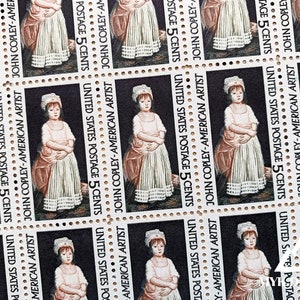 May include: A sheet of vintage United States postage stamps featuring a portrait of a young girl. The stamps are 5 cents each and feature the text "John Copley - American Artist".
