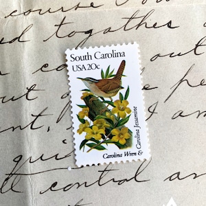 South Carolina State Bird and Flower: Carolina Wren and Jessamine | 1982 | Vintage US Postage Stamps | Face Value 20 Cents | Scott 1992