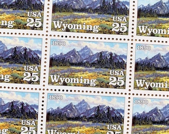 Wyoming Statehood | 1990 | Vintage US Postage Stamps, Scott #2444 | Face Value 25 Cents | Tetons, Meadow, Yellowstone, Rockies, Schwiering
