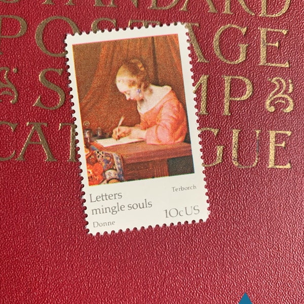 Lady Writing Letter: G Terborch | 1974 | Vintage US Postage Stamps | Face Value 10 Cents | Scott 1534 | Reading Envelope Donne Manuscript