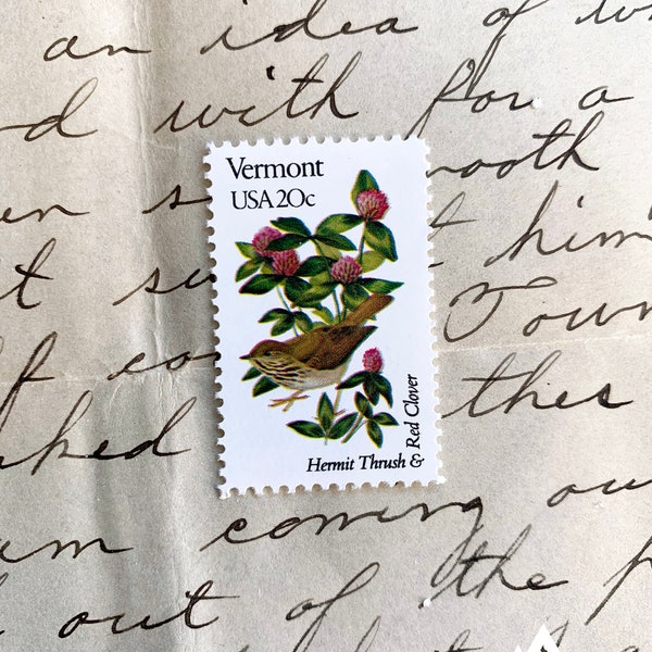 Vermont State Bird and Flower: Hermit Thrush and Red Clover | 1982 | Vintage US Postage Stamps | Face Value 20 Cents | Scott 1997