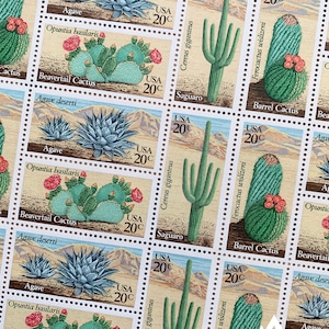 May include: A collection of vintage postage stamps featuring desert plants. The stamps showcase illustrations of agave, beavertail cactus, saguaro, and barrel cactus, with a USA 20¢ denomination. The background depicts a desert landscape.