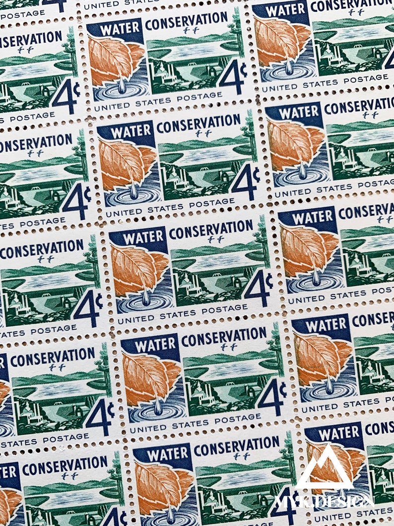 May include: A close-up of a sheet of United States postage stamps. The stamps are green, blue, and orange and feature a design of a leaf falling into a body of water. The text on the stamps reads 'Water Conservation' and '4¢ United States Postage'.