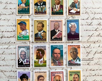 Herencia Negra / Conjunto de 16 sellos postales antiguos de EE. UU. / Valor nominal: 13-29 centavos / 1978-1993 / Igualdad, Abolición, Autores, Música, Ciencia