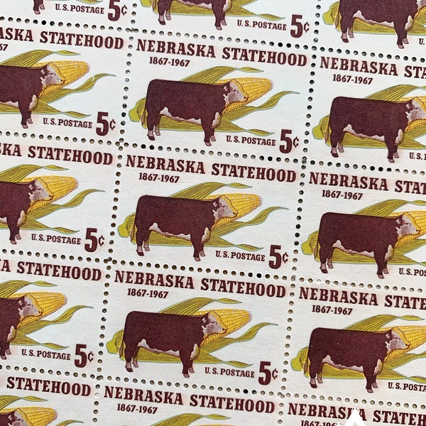Nebraska Statehood, 100 Years | 1967 | Vintage US Postage Stamps | Face Value 5 Cents | Scott 1328 | Hereford Steer, Corn, Plains, Midwest