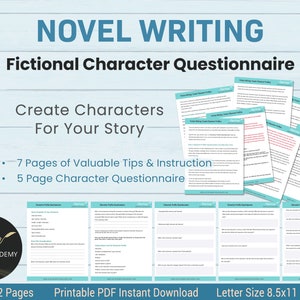 Novel Writing Fictional Character Questionnaire | Character Template  | Character Profile Sheets | Digital or Printable Writing Template