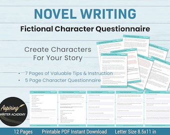 Questionário de personagem fictício para redação de romance | Modelo de personagem | Folhas de perfil de personagem | Modelo de escrita digital ou para impressão