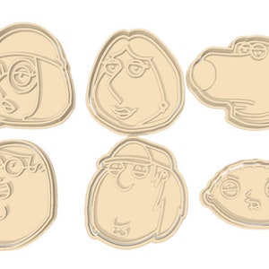 May include: Set of six cookie cutters featuring the characters from the animated sitcom Family Guy. The cutters are made of beige plastic and are shaped like the heads of Peter, Lois, Stewie, Brian, Meg, and Chris.