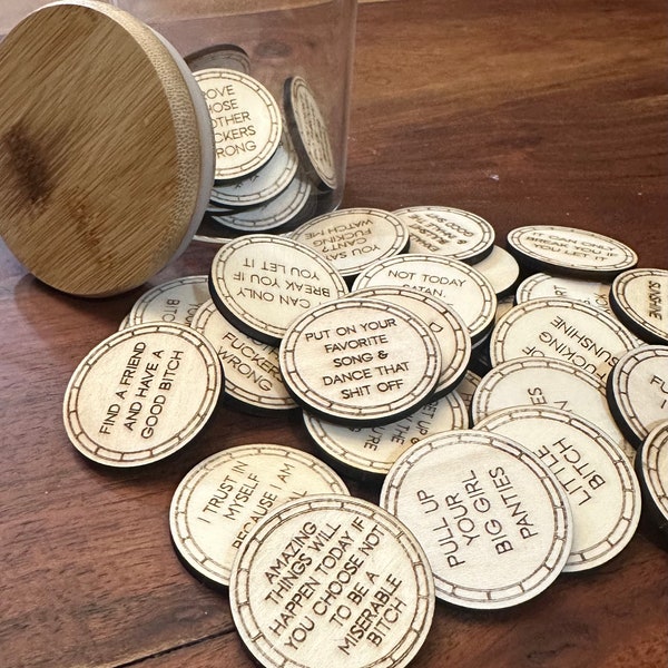 Badass AFFIRMATION TOKENS 20 Tokens with Glass Jar with Cork for a Real Bad BITCH Fun Gag Gift Ideas Funny Wooden Tokens Spring Fashion Gift