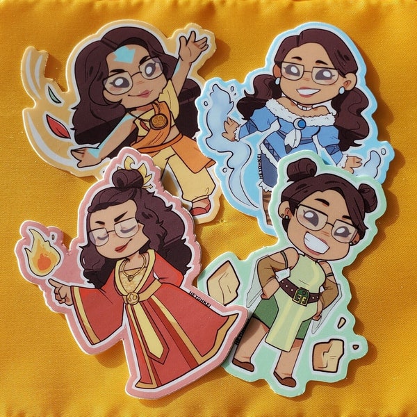 ATLA Element Bender Girls Stickers | Chibi Kawaii Anime Girl | Fire | Air | Water | Earth