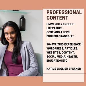 Puede incluir: Una mujer con blazer gris y top burdeos sonríe. El texto a la derecha dice "CONTENIDO PROFESIONAL" y enumera servicios como literatura inglesa y experiencia en escritura.