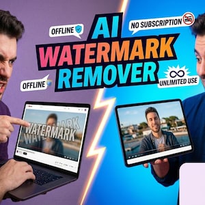 May include: An advertisement for an AI watermark remover. The image shows two men, one angry and pointing at a laptop with a watermark, the other happy, holding a tablet. Text includes "AI WATERMARK REMOVER", "OFFLINE", and "UNLIMITED USE".