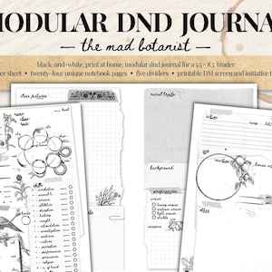 Imprima en casa un diario modular dnd, hoja de personaje, pantalla de DM imprimible y rastreadores de iniciativas, en blanco y negro, diario botánico gótico
