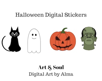 Cute Halloween Digital Stickers for Goodnotes | Spooky Fall Planner Stickers | Black Cat, Ghost, Pumpkin & Monster PNGs