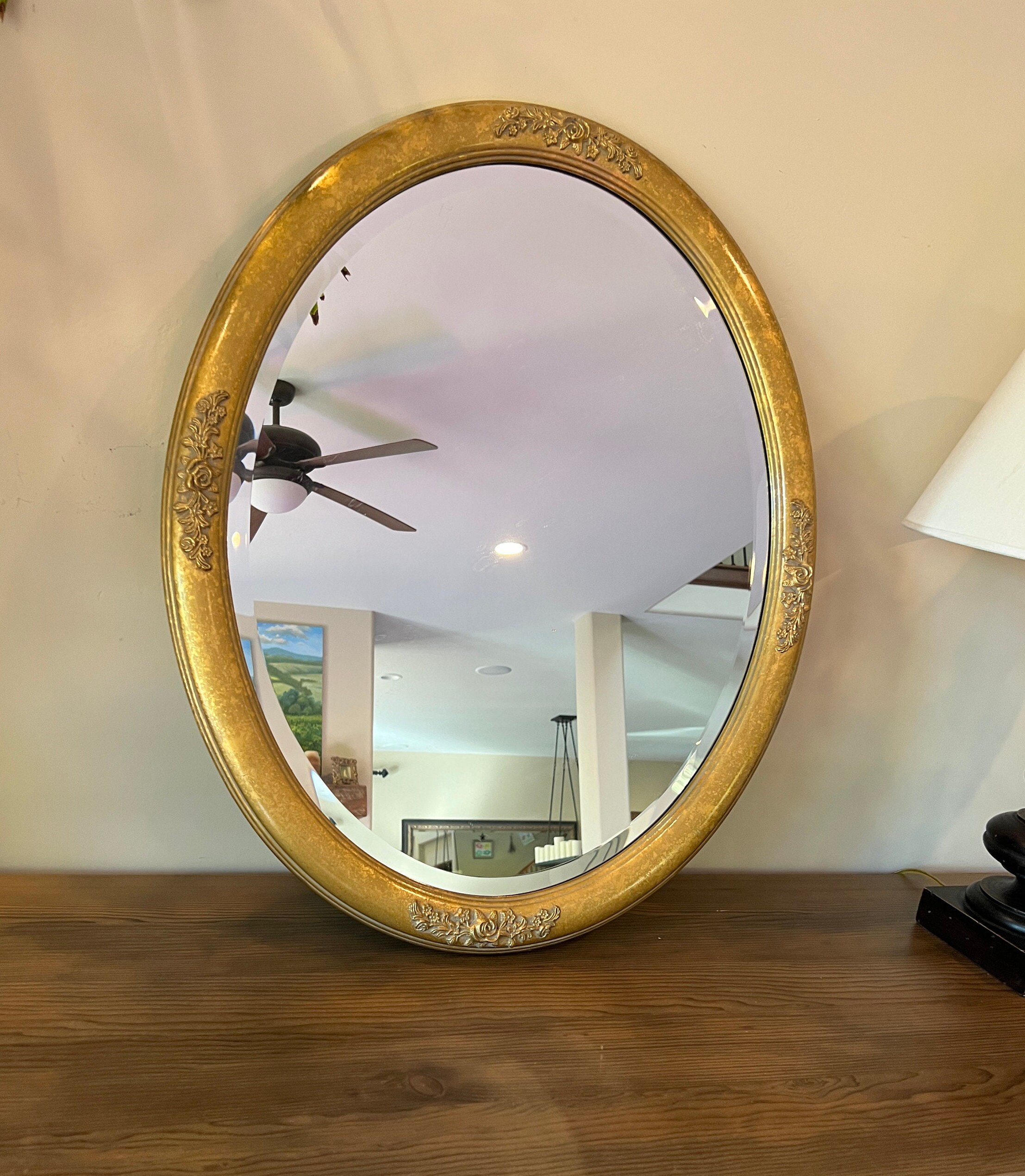 Gold Giltwood Oval Wall Mirror With Carved Roses 26x32 Etsy