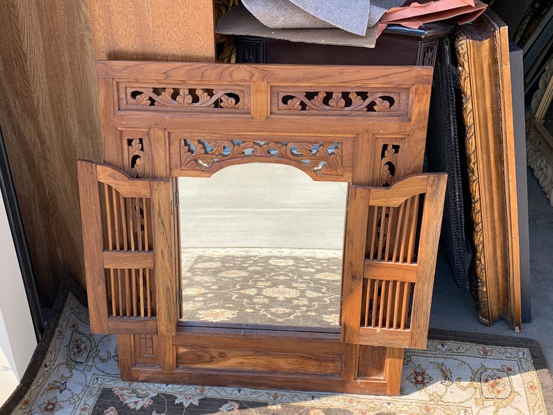 Hand Carved Teak Wood Shutter Wall Mirror 31x36 Etsy