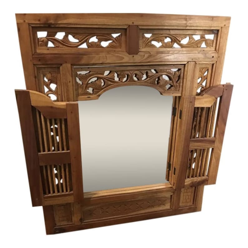 Hand Carved Teak Wood Shutter Wall Mirror 31x36 Etsy