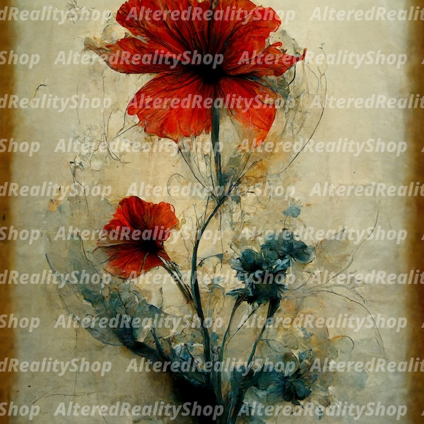 4 Images of Flowers Digital Download, Encaustic Painting, Wall Art, Home Decor