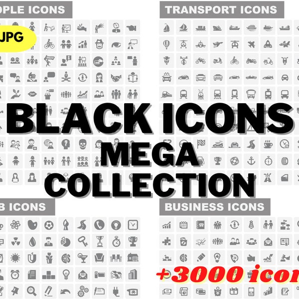 Black Icons Mega Collection | 3000+ icons | EPS JPG | Icon Bundle Pack | Instant Download