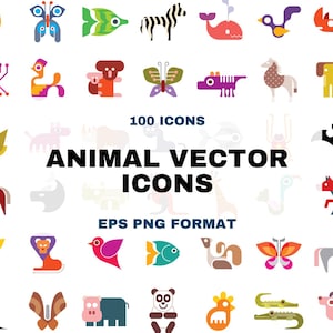100 Animal Vector Icons - Wild Animal Clipart - EPS & PNG Digital Graphics