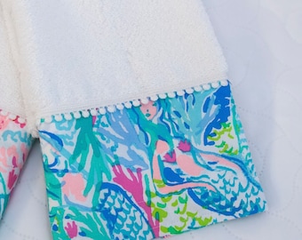 ONE Luxury White Hand Towel 100% Cotton - with Fabric Trim -  Mermaid Elephants Pineapples Pink Orchids Pink Flamingoes Floral