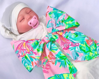 Newborn Baby Infant Swaddle Sash / Bow - Baby Photo Prop, Pink Orchids, Elephants, Palm Beach Baby,