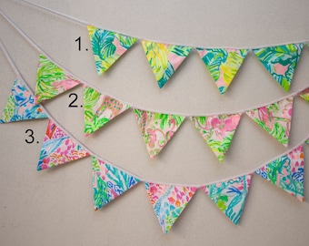 Fabric Flag Garland, Flag Banner, Kids Room, Dorm Room, Classroom Wall Décor - Mermaids Elephants Pineapples Orchids Flamingoes