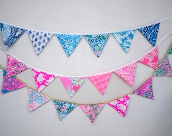 Fabric Flag Garland, Flag Banner, Kids Room, Dorm Room, Classroom Wall Décor - Mermaids Elephants Pineapples Orchids Flamingoes