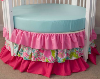 Ropa de cama redonda para cuna - Chic Baby Ropa de cama para cuna de niña - Ropa de cama tropical rosa fuerte para bebé Guardería Palm Beach