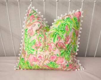 Decorative Pillow Cover - Pink Palms, Elephants, Flamingoes, Tropical, Home Décor, Nursery Décor, Dorm Room Pillow, First Impression