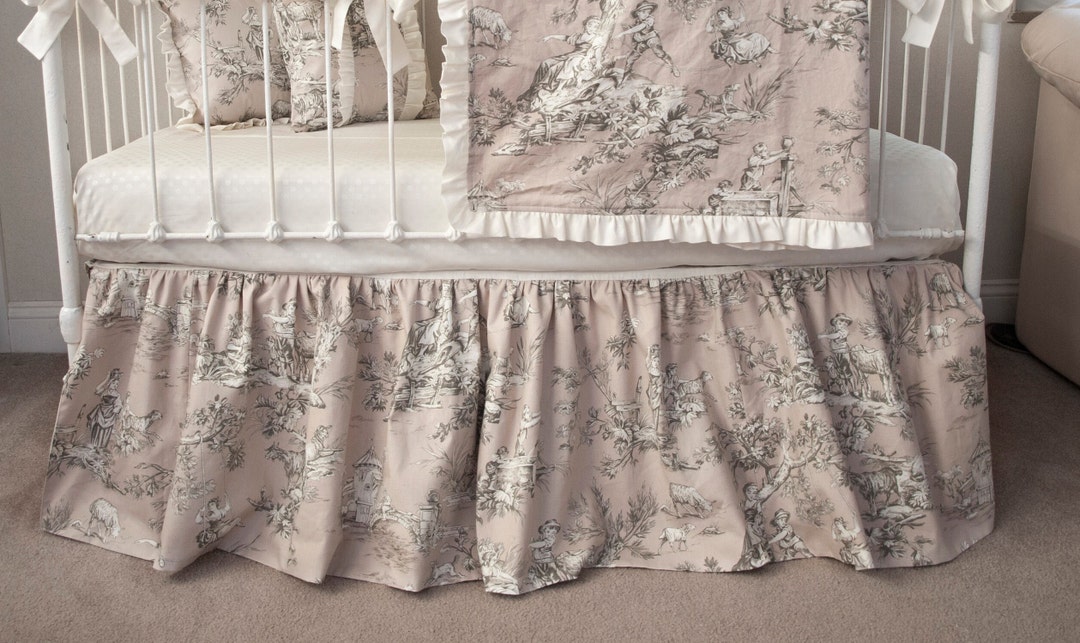 Shabby Chic Taupe and Cream French Toile Nursery Décor Crib Skirt