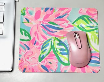 Mouse Pad made with Authentic Fabric , About 8"x9.5" - Tropical Office Décor, Palm Beach Toile, Flamingos, Elephants, Mermaid Cove, Orchids