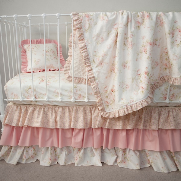 Floral Pink Rose Bedding - Shabby Chic - Vintage Style Room Décor, Shower Gift Room Décor - Crib Skirt, Changing Pad Cover, Blanket, Etc.