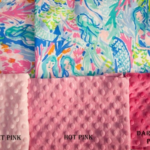 May include: Three swatches of pink fabric with a textured, bubble-like surface. The swatches are labeled "Light Pink", "Hot Pink", and "Dark Hot Pink".