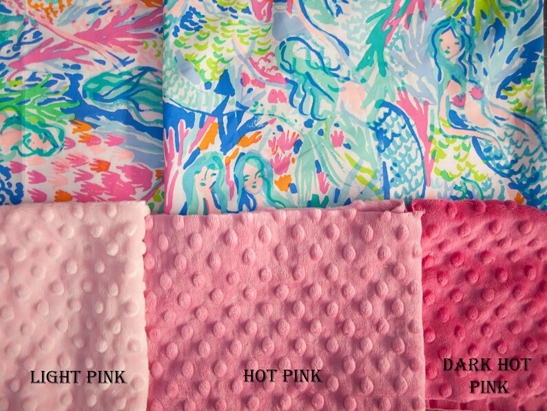 May include: Three swatches of pink fabric with a textured, bubble-like surface. The swatches are labeled "Light Pink", "Hot Pink", and "Dark Hot Pink".