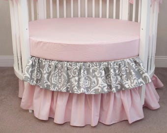 Round Crib Bedding - Chic Classic Baby Baby Girl Crib Bedding - Pink, White, Gray Damask