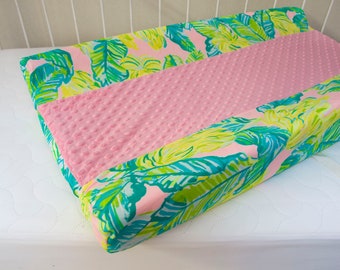 Handmade Changing Pad Cover - Tropical Nursery - Local Flavor - Banana Leaves, Coral, Pink, Teal, Green  - Christmas Gift - Baby Shower Gift