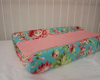 Baby Changing Pad Cover - Coral Teal Floral Love Bliss Nursery Décor - Baby Shower Gift
