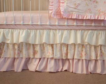 Floral Pink Rose Bedding - Shabby Chic - Vintage Style Room Décor, Shower Gift Room Décor - Crib Skirt, Changing Pad Cover, Blanket, Etc.
