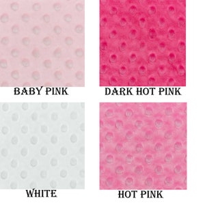 May include: Four fabric swatches in different shades of pink and white. The swatches are textured with small raised dots. The swatches are labeled "Baby Pink", "Dark Hot Pink", "White", and "Hot Pink".