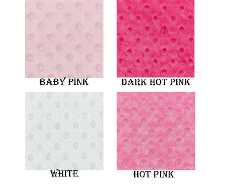 May include: Four fabric swatches in different shades of pink and white. The swatches are textured with small raised dots. The swatches are labeled "Baby Pink", "Dark Hot Pink", "White", and "Hot Pink".