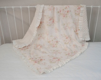 Floral Rose Blanket - Lap Blanket - Pet Blanket - Baby Blanket - Vintage Style Shabby Chic - Pink Rose Ivory / Cream Room Décor