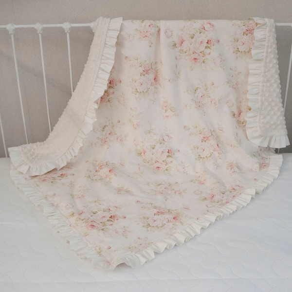 Floral Rose Blanket - Lap Blanket - Pet Blanket - Baby Blanket - Vintage Style Shabby Chic - Pink Rose Ivory / Cream Room Décor