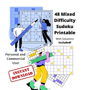 Puede incluir: Un gráfico digital que presenta 48 Mixed Difficulty Sudoku Printable With Solutions Included! Personal and Commercial Use! INSTANT DOWNLOAD. La ilustración muestra figuras estilizadas interactuando con grandes cuadrículas de Sudoku y lápices en azul, amarillo y verde.