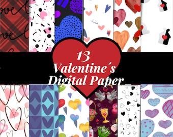 13 Valentine Love Digital Papers Valentine Bundle | Valentine's Paper | Hearts Digital Paper | Love Digital Paper | Hippie Patterns