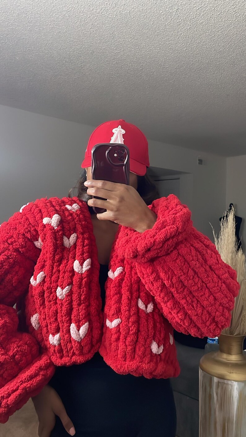 Handmade Chunky knit cardigan Valentine’s Day special edition (cropped) (size small showin in picture) image 3