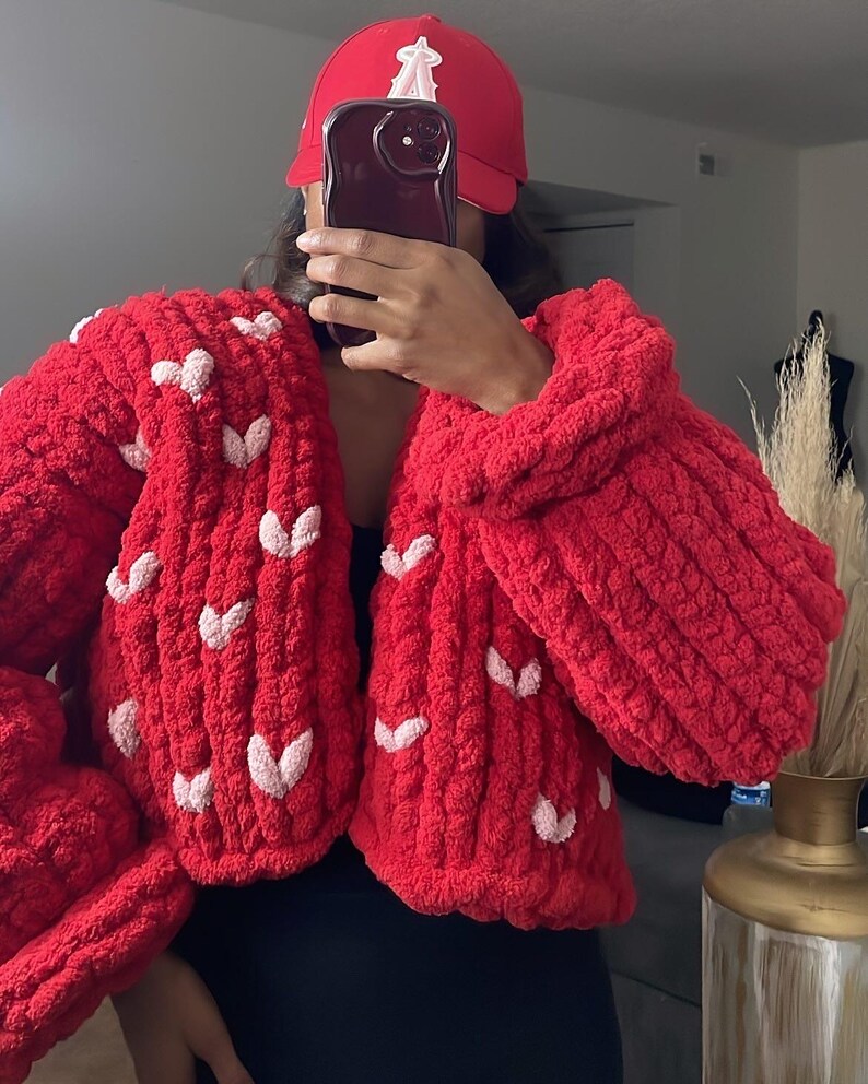 Handmade Chunky knit cardigan Valentine’s Day special edition (cropped) (size small showin in picture) image 1
