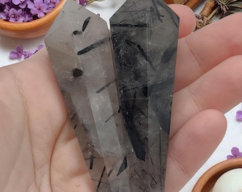 Tourmaline Quartz Crystal Wand – Polished Carved Tool for Meditation