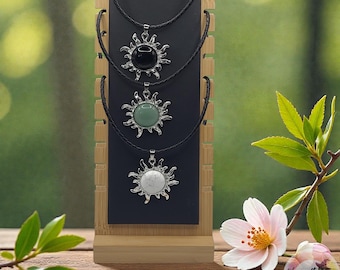 Crystal Sun Necklace on Braided Faux Leather Cord, Boho Pendant Jewelry