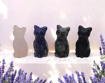 Mini Crystal Kitty Carving: Pocket Cat Totem - Rose Quartz, Sodalite, Obsidian, Larvikite